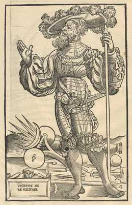 In einer lateinischen Ausgabe der Handschrift von Guillaume Budé aus der Mitte des 16. Jahrhundert erinnert das Porträt von Flavius Vegetius Renatus an einen Landsknecht. Bildquelle: Stadtbibliothek/Anja Runkel