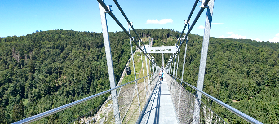 Skywalk Willingen: Die rund 665 Meter lange Hängebrücke verbindet die Mühlenkopfschanze mit dem Musenberg und zählt zu den längsten Fußgängerhängebrücken Europas. Foto: regiodrei/hb