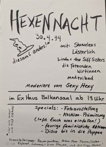 Wie sich Werbestile verändert haben, zeigt ein Flugblatt für die Hexennacht-Party von 1994: Seine Gestaltung erscheint nach heutigen Maßstäben durchaus ungewöhnlich. Bildquelle: Wissenschaftliche Bibliothek Trier